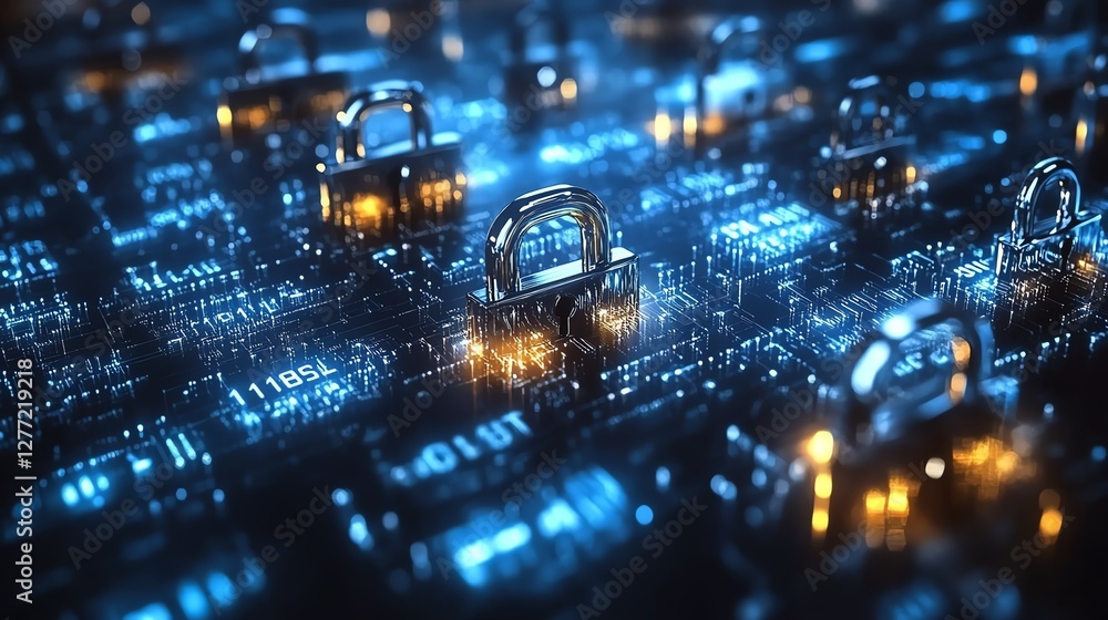 Poster digital security network with multiple padlocks, secure tech system, safe cyberspace, data protectio