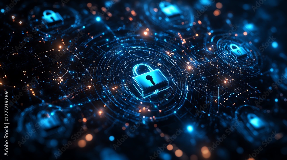Poster digital security network with multiple padlocks, secure tech system, safe cyberspace, data protectio