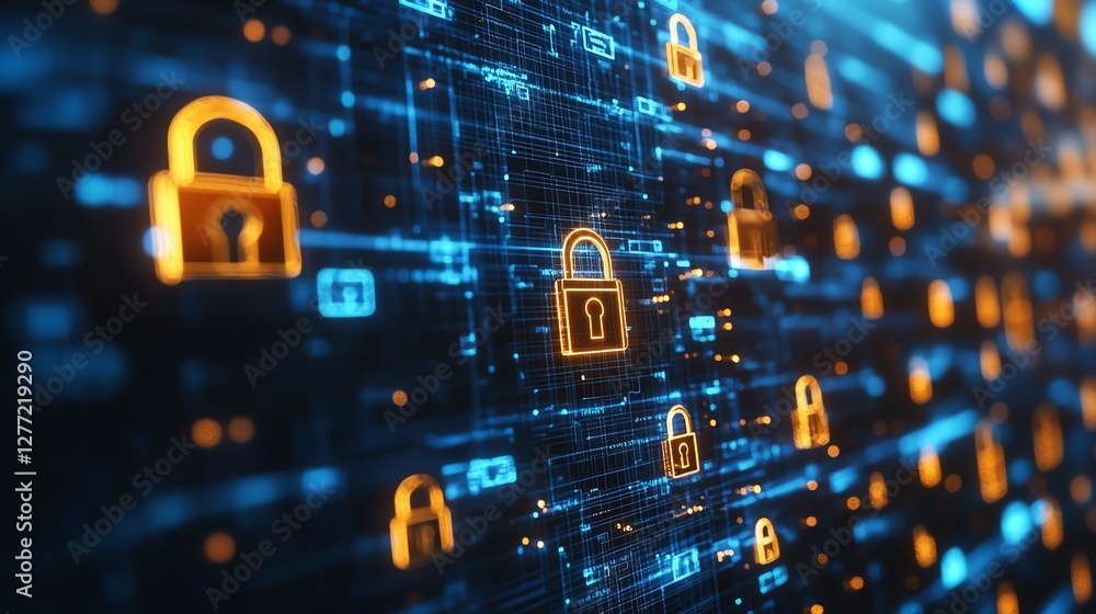 Aufkleber digital security network with multiple padlocks, secure tech system, safe cyberspace, data protectio