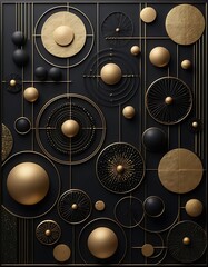 Elegant Geometric Composition with Golden Orbs and Dark Accents