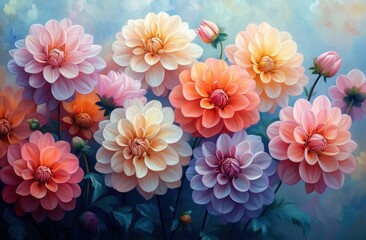 Obraz premium Dahlia Flower Arrangement in Autumn Colors Top View Floral Pattern Background