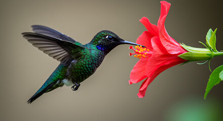 Obraz premium Hummingbird sipping nectar from a red flower against a blurred background