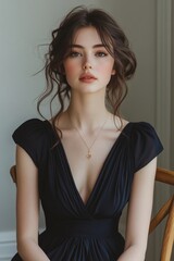Naklejka premium Serene and elegant young woman seated on wooden chair in navy dress with crossed legs and smiling in soft natural light
