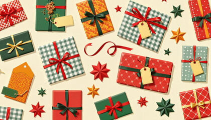 Fototapeta premium Colorful gift boxes with ribbons and stars on light background