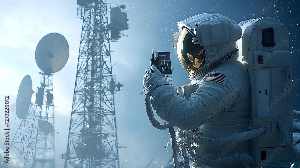 Poster astronaut in spacesuit monitoring and analyzing satellite communication signals and data in the vast