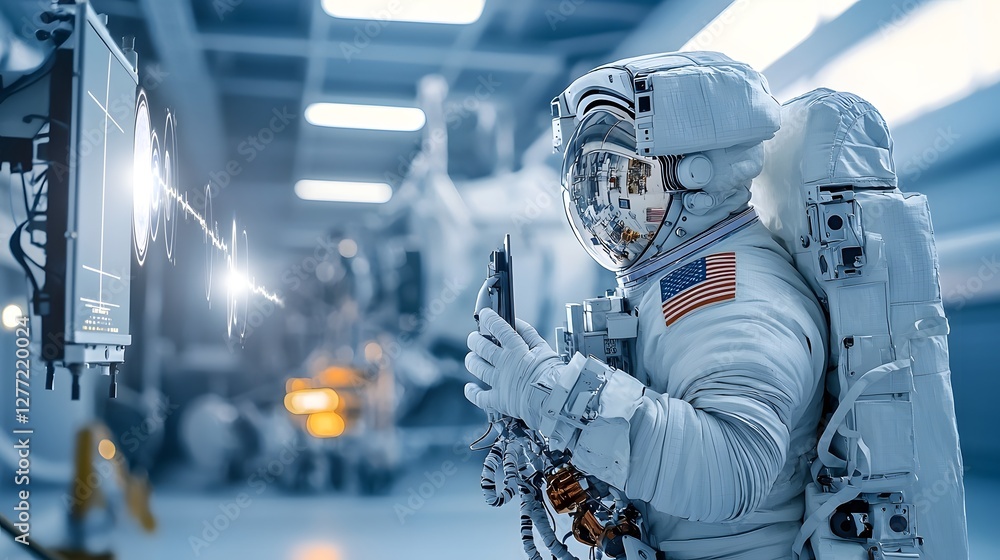 Aufkleber Astronaut in spacesuit monitoring and controlling satellite communication signals and data transmission from the vastness of outer space showcasing advanced aerospace technology and