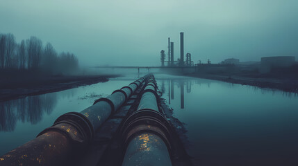 Impact of war on dead river and abandoned city concept. abandoned industrial site with pipes leading to a distant light in foggy atmosphere. Misty River of the Dead. Illustration