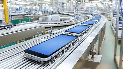 Automated conveyor belt transporting freshly manufactured smartphone screens in a modern high tech factory setting  The efficient
