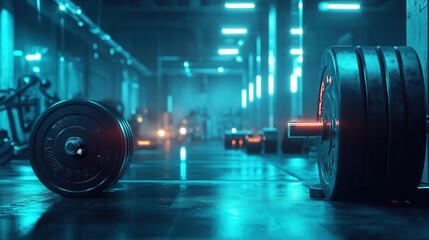 Fototapeta premium CrossFit training at the gym with glowing AR fitness data, sleek modern gym setup, dynamic action, photorealistic