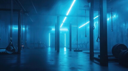 CrossFit training at the gym with glowing AR fitness data, sleek modern gym setup, dynamic action, photorealistic