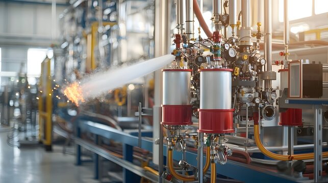 Automated manufacturing of halogen free environmentally safe fire suppression systems in a state of the art chemical processing facility  The image showcases the complex array of valves pipes