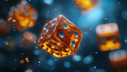Colorful Game Pieces and Dice in Motion Against a Deep Blue Background