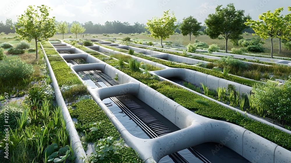 Poster blueprint diagram showcasing the intricate water drainage system design for a sustainable green roof