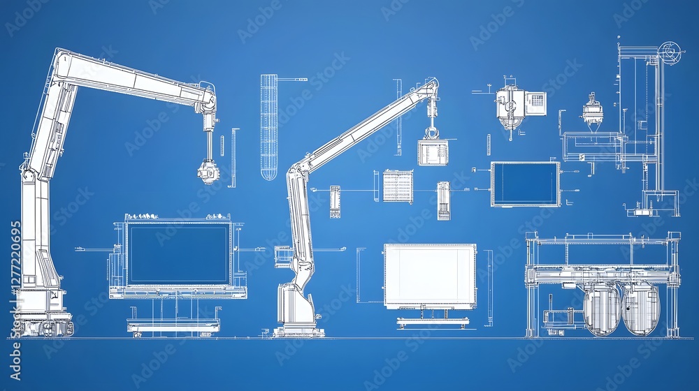 Poster blueprint style depicting the intricate manufacturing process of display panels showcasing a range of advanced industrial equipment automation systems and technical schematics