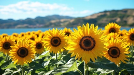 Fototapeta premium Bright Yellow Sunflower Field Against a Backdrop of Blue Sky and Distant Hills