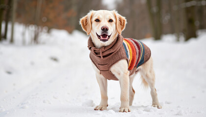 Smiling dog in sweater standing on snowy path