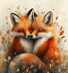 Obraz premium whimsical watercolor foxes embracing mother and daughter cute illustration