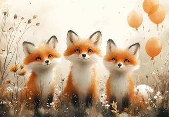 Fototapeta premium Whimsical Playful Foxes Birthday Celebration Illustration with Balloons and Flowers