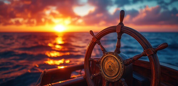 Vintage ship steering wheel helm at sunset with ocean reflection