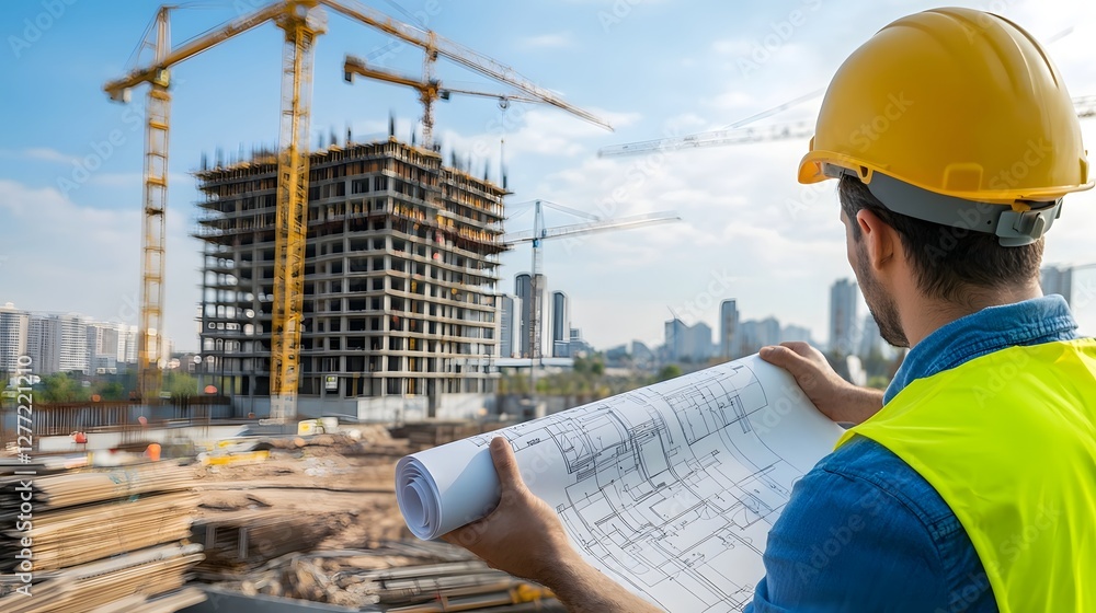 Poster civil engineer examining construction site blueprint and overseeing ongoing development with cranes 