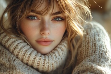 Cozy portrait of young happy woman smiling in knitted sweater with soft natural light creating a warm atmosphere