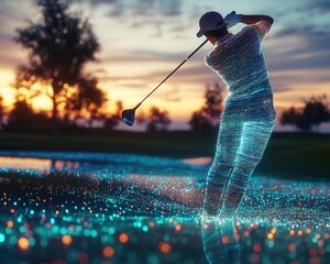 Golf swing on a green course with glowing AR shot analysis, vibrant natural setting, soft warm lighting, photorealistic