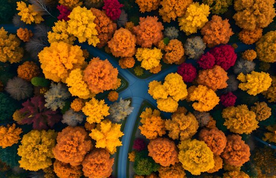 A drone aerial shot of a vibrant autumn forest with golden and red foliage