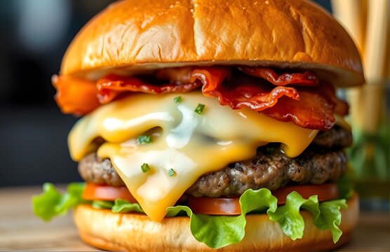 A gourmet burger with melted cheese crispy bacon and fresh ingredients