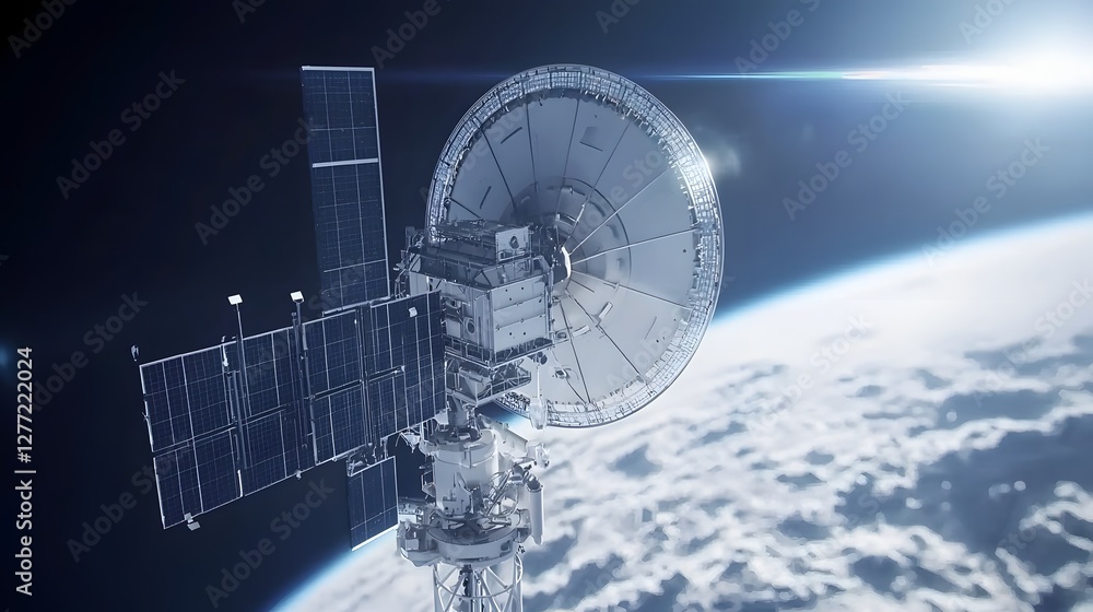 Poster Close up of a high tech satellite dish communicating with a space satellite in the vast and mysterious cosmos representing advancements in space technology communication networks and scientific