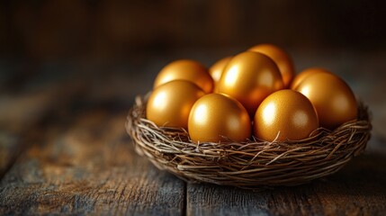 A beautifully arranged nest of shiny golden eggs resting on a rustic wooden surface