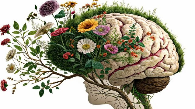 idea and creativity concept, Human brain intertwined with vibrant flowers and plants