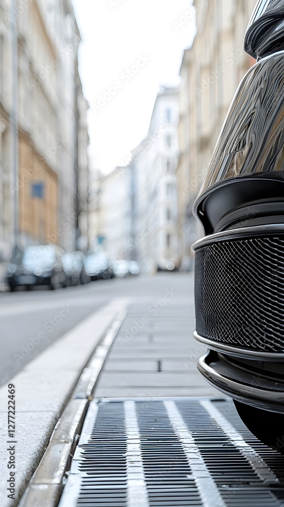 Poster Close up photograph showcasing the intricate cooling fins of a motorcycle radiator in an urban street setting  The metallic chrome like texture and grid like pattern create an abstract