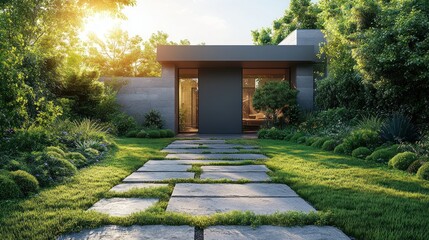 Fototapeta premium Modern Architectural House with Sliding Gate and Minimalist Design