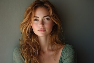 Naklejka premium Beautiful smiling woman with wavy hair in casual attire looking to the left close-up portrait on white background