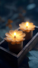 Two Flower Shaped Candles in Wooden Tray with Warm Light on Dark Background