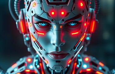 Fototapeta premium Cybernetic humanoid with glowing neon circuits ultra detailed sci fi portrait.