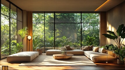 Fototapeta premium Scandinavian Modern Living Room with Natural Light and Greenery