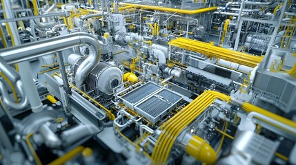 Close up view of a complex sophisticated radiator cooling system used in aircraft engines  This industrial engineering technology features an intricate network of metal pipes tubes