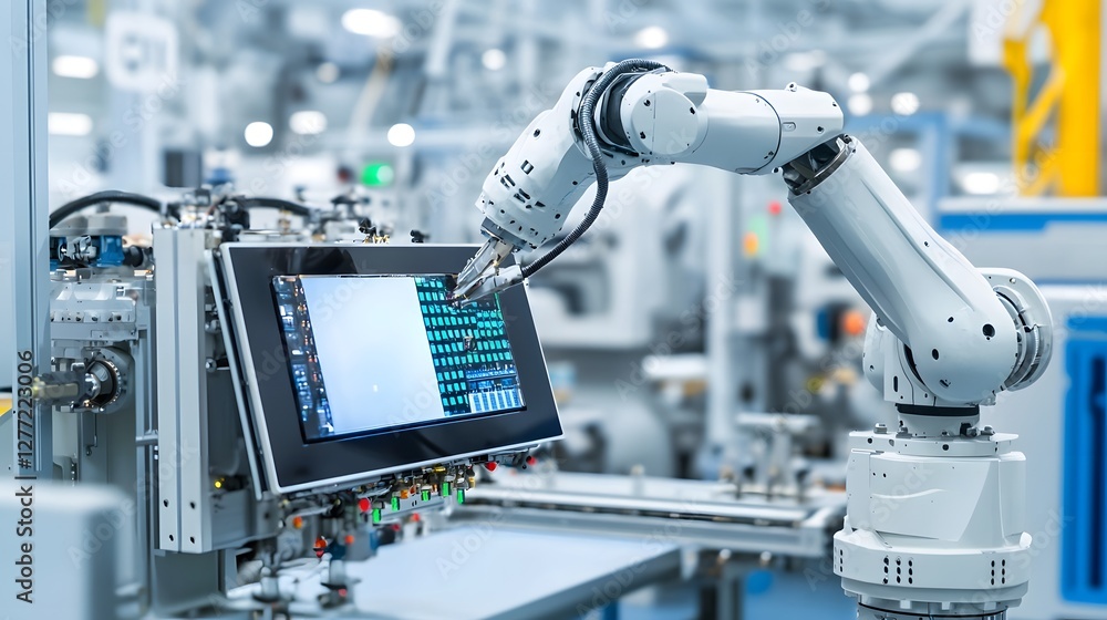 Poster close up view of a sophisticated robotic arm efficiently installing a sleek display panel on an adva