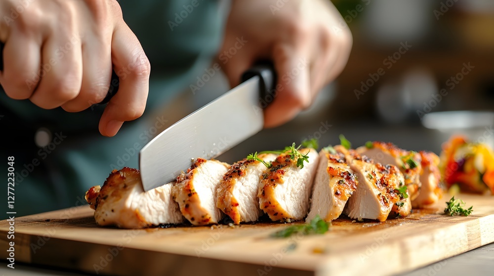 Poster close up view of a tender juicy chicken breast being carefully sliced with a sharp professional knif