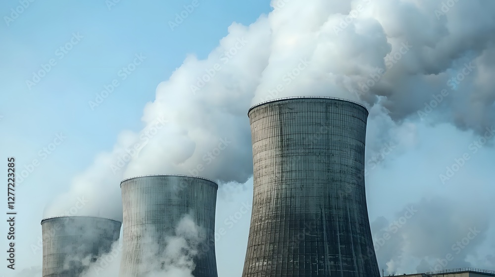 Poster close up view of towering industrial cooling tower releasing billowing plumes of steam into the clou