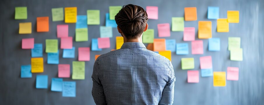 Professional strategist reviewing sticky notes on a whiteboard