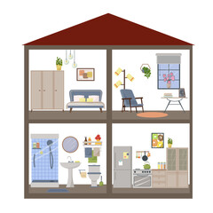 Cottage with furnished rooms. Room with a sofa and a wardrobe. Living room with an armchair and a window. Kitchen with furniture. Bathroom with a shower and toiletries. Dollhouse in section. Vector