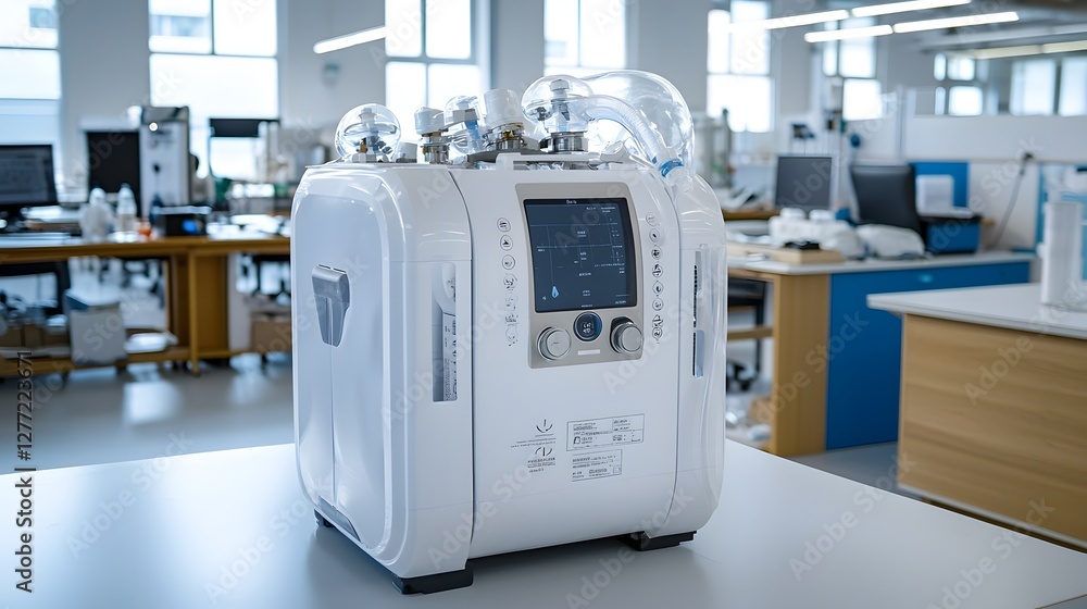 Poster closeup of a portable oxygen concentrator machine being tested and checked for proper functioning be