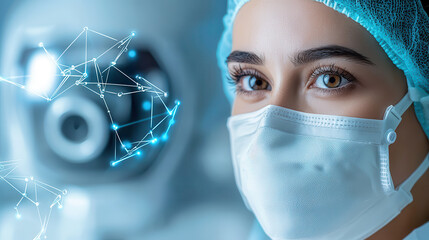 healthcare professional wearing mask and cap is depicted with digital network overlay, symbolizing advanced medical technology and innovation in healthcare