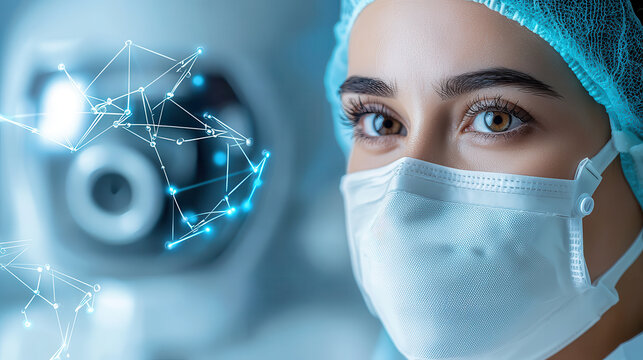 healthcare professional wearing mask and cap is depicted with digital network overlay, symbolizing advanced medical technology and innovation in healthcare