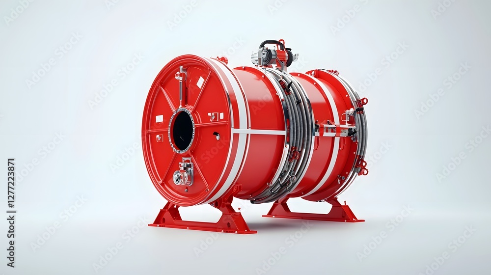 Poster closeup of an isolated red fire hose reel with a sturdy metal coupling in a clean studio setting the