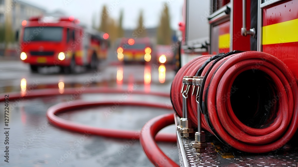 Poster closeup view of a coiled red fire hose with metal connectors neatly placed on the side of a fire tru