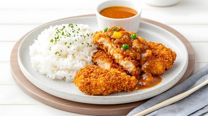 Closeup view of a delicious and authentic Japanese chicken katsu cutlet dish featuring a golden brown