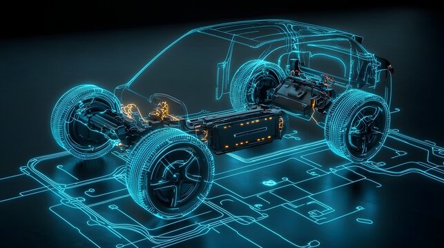 Closeup view of a futuristic electric vehicle powertrain system glowing with neon blue lighting showcasing the advanced technology and engineering behind modern sustainable transportation
